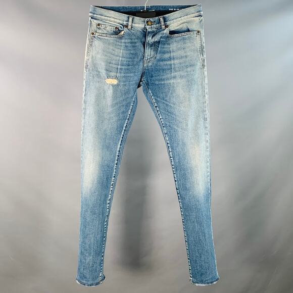 SAINT LAURENT Size 30 Blue Distressed Cotton Blend Twill Slim Tapered Jeans - Picture 1 of 7